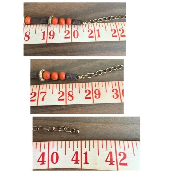 Vintage 80's Orange Aux Agate Wood Bead Necklace Earrings Set W/ Brass Accents - Picture 8 of 8